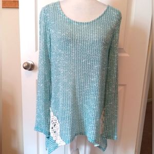 New Directions seafoam blue crochet knit tunic blouse. XL